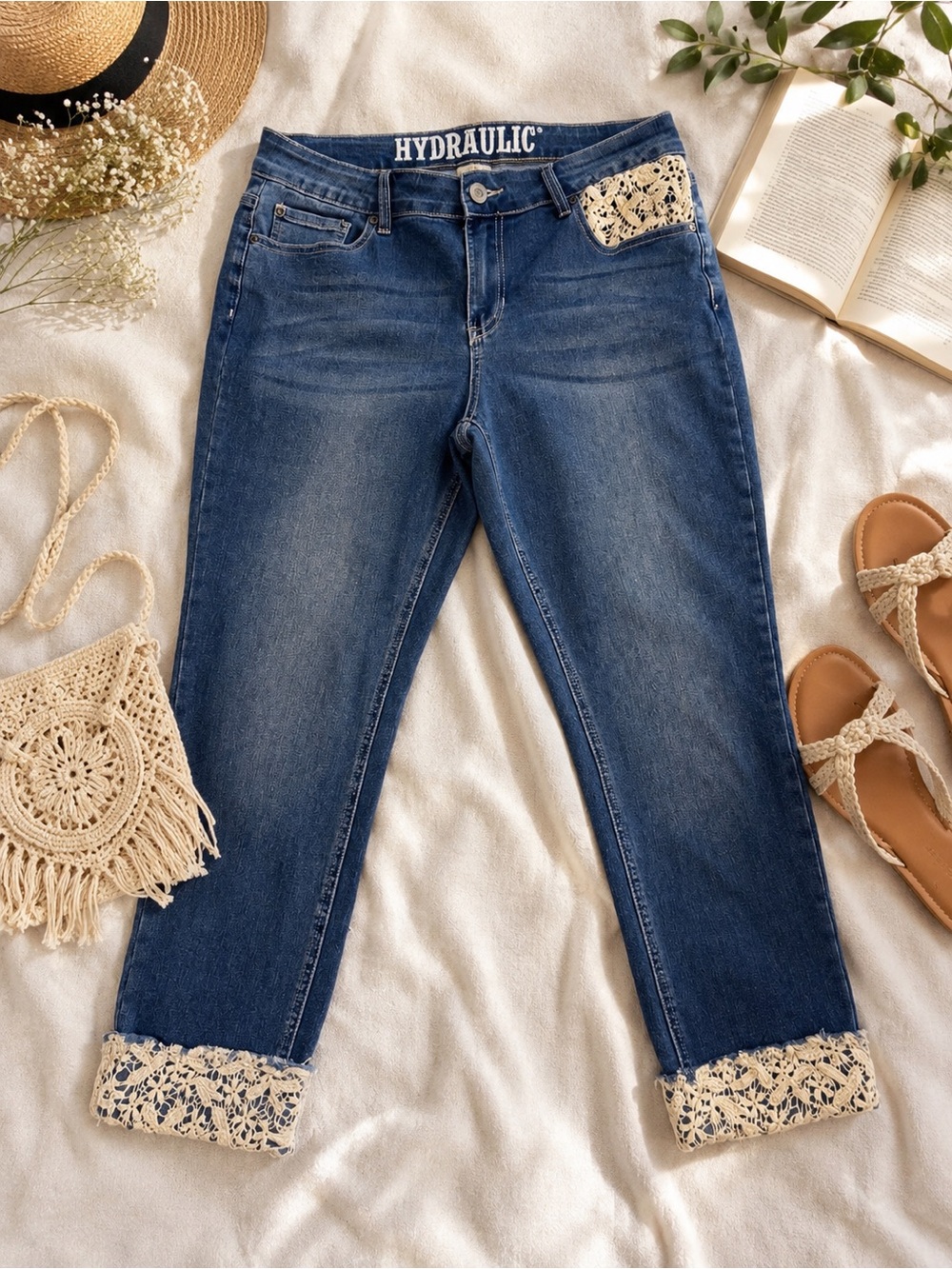 Hydraulic Blue Denim Cropped Jeans with Cream Crochet Cuffs